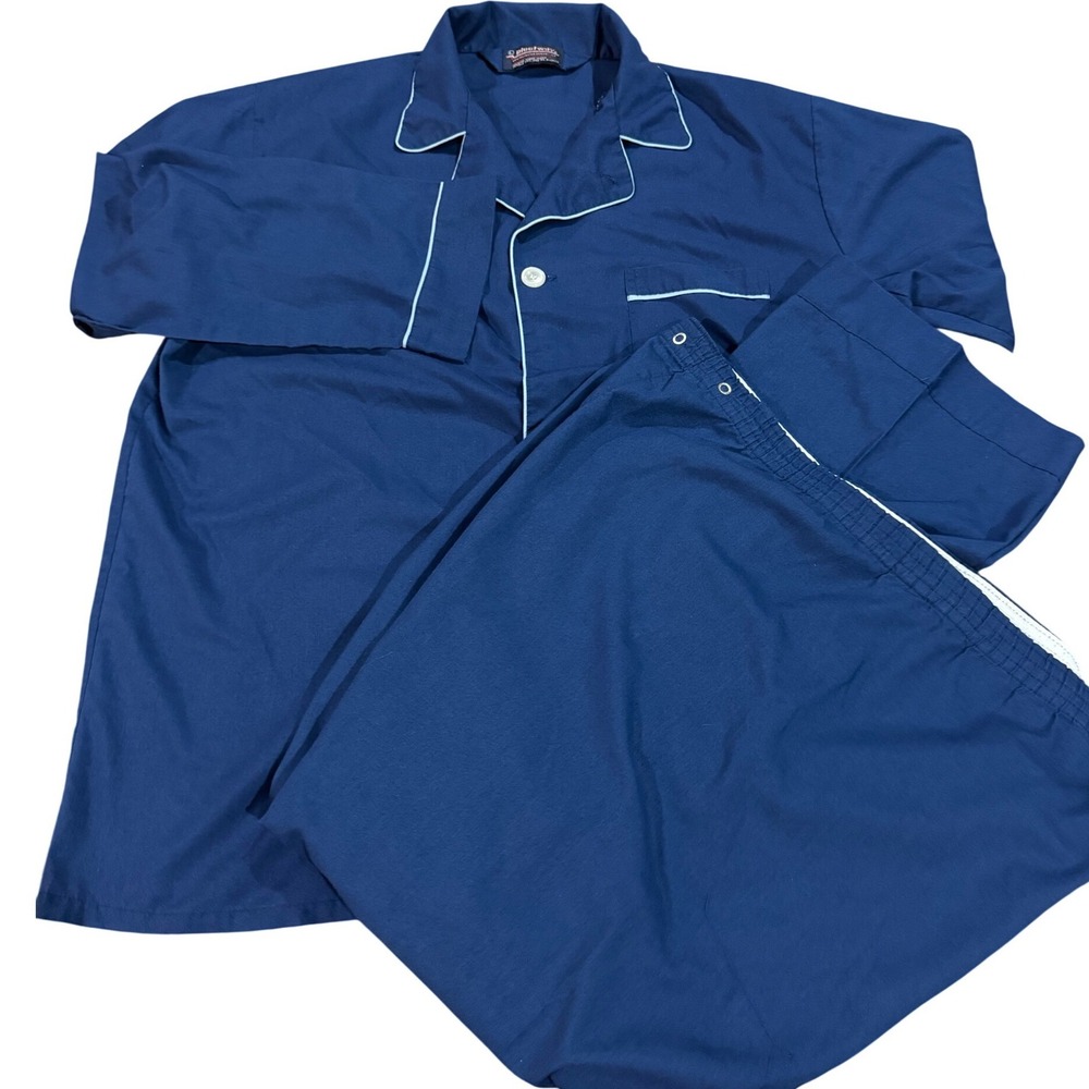 Pleetway Mens Vintage Pajama Set Navy Blue Long Sleeve Cotton Blend Large